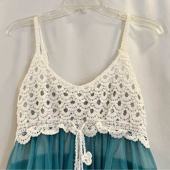 Babydoll Tiered Mini Dress, Cream/Teal/Brown, Size XL - Picture 2 of 7